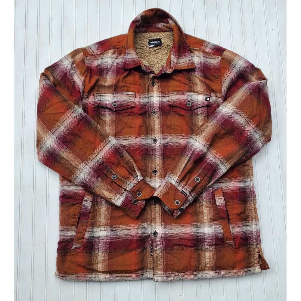 Marmot Mens Sherpa Lined Flannel Shirt Jacket Orange Plaid Large Gropcore Skater